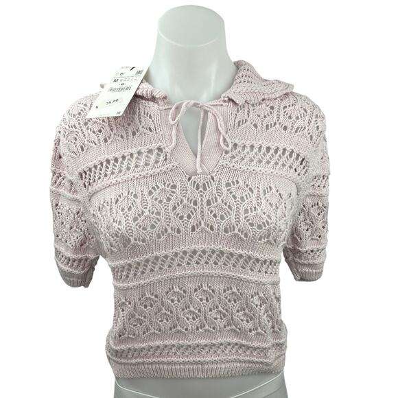 NEW Zara Pink Crochet Collared Tie Keyhole Open Knit Short Sleeve Sweater Top M - Picture 4 of 7
